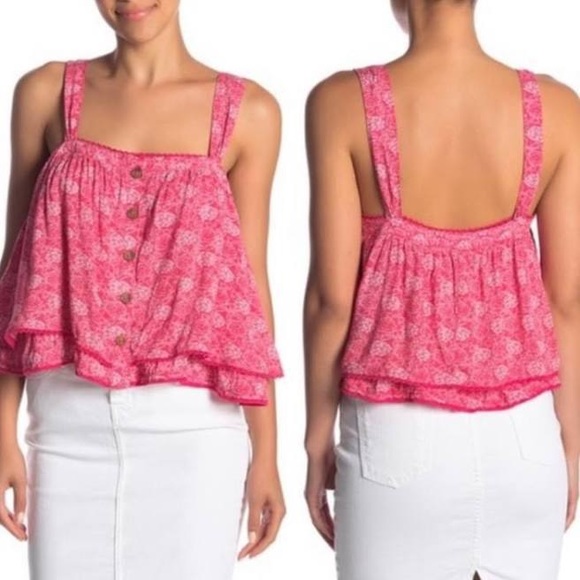 Free People Pink Floral Flowy Cropped Tank Top - Picture 1 of 4